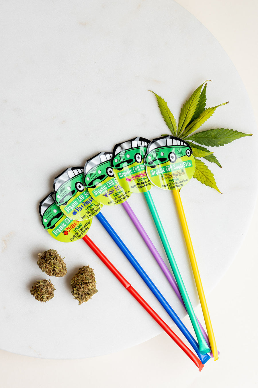 Organabus 100mg CBD Organic sugar sticks flavors strawberry blue raspberry sour grap watermelon pineapple