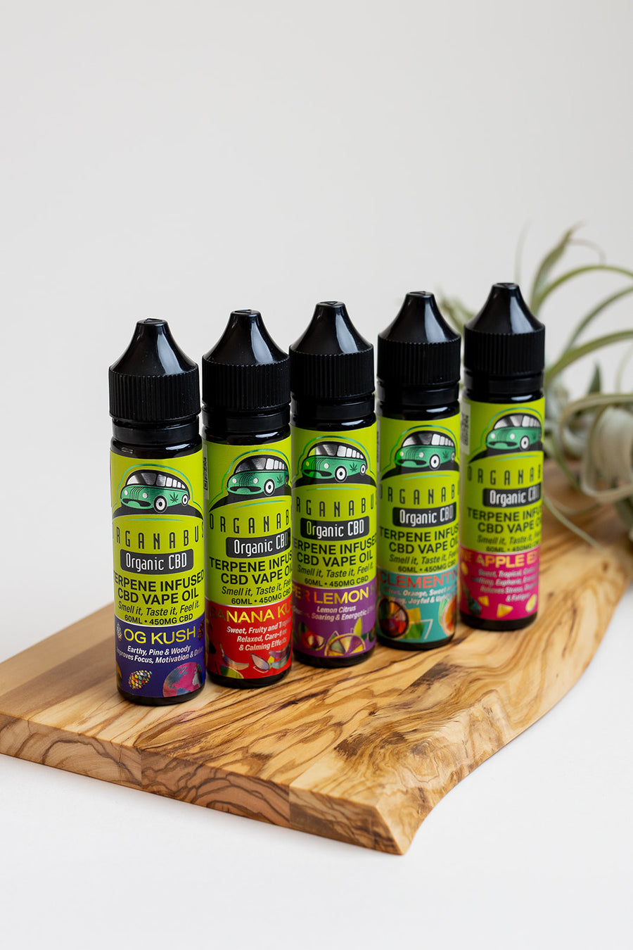 Pineapple Express is sweet, Tropical, Cedar, Citrus Uplifting, Euphoric, Energy Boosting, Relieves Stress, Depression & Fatigue. OG Kush has an Earthy, Pine and Woody flavor and Improves Focus, Motivation & Drive. Clementine has a Citrus, Orange, Sweet and Fresh Flavor and has Energizing, Joyful & Uplifting Effects.Banana Kush has a Sweet, Fruity and Tropical Flavor and has Relaxed, Care-free & Calming Effects.   