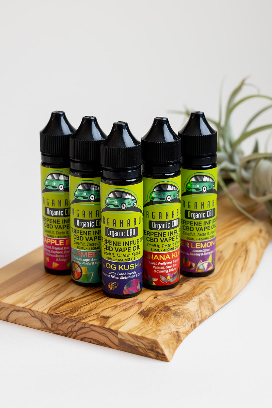 Pineapple Express is sweet, Tropical, Cedar, Citrus Uplifting, Euphoric, Energy Boosting, Relieves Stress, Depression & Fatigue. OG Kush has an Earthy, Pine and Woody flavor and Improves Focus, Motivation & Drive. Clementine has a Citrus, Orange, Sweet and Fresh Flavor and has Energizing, Joyful & Uplifting Effects.Banana Kush has a Sweet, Fruity and Tropical Flavor and has Relaxed, Care-free & Calming Effects.   
